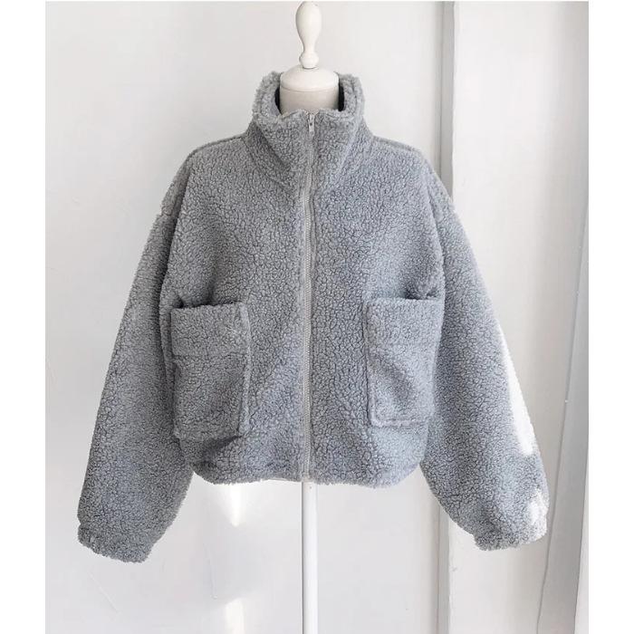 

Korean chic autumn and winter new retro semi-turtleneck zipper-style large pocket versatile thickened warm lamb wool coat M серый
