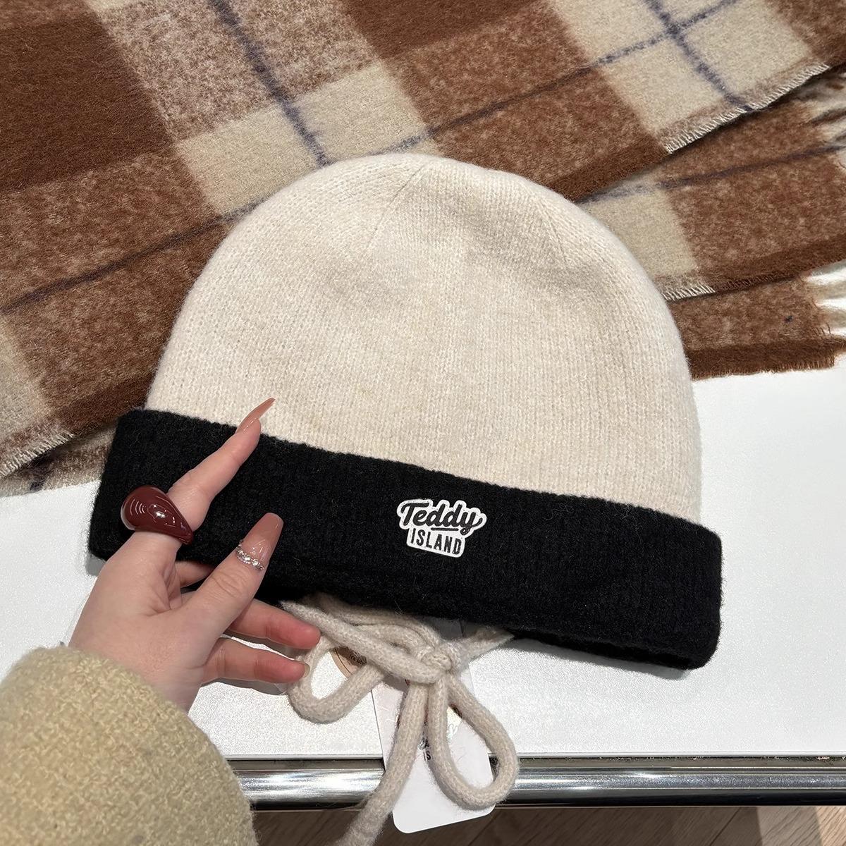 

New Autumn and Winter Color Blocking Warm Cold Hat Letter Labeled Knitted Hat Korean Style Fashionable and Simple Headband Hat for Women