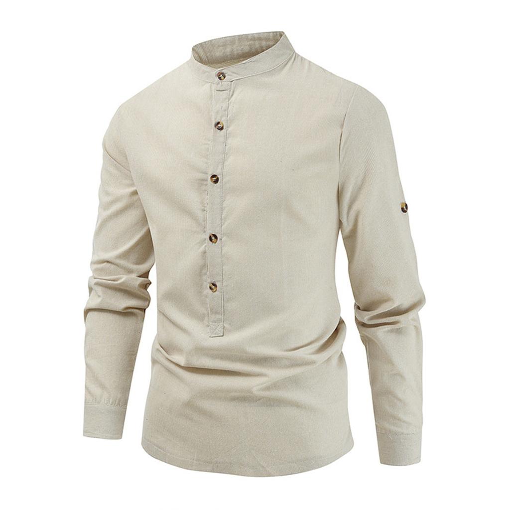 Men's Casual Fashion Long Sleeve Shirt Men's Stripe Stand Collar Button Long Sleeve Shirt