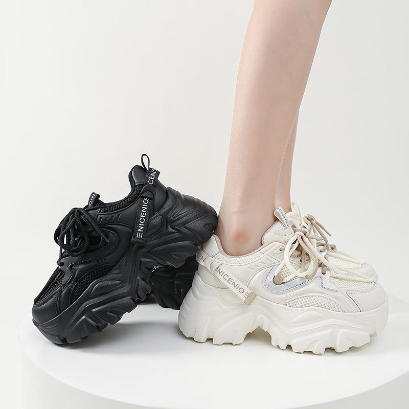 2025 Women's Shoes Platform New Double Net Breathable Korean Version Casual Height Increase and Thinness Versatile Trendy Shoes Female Dad Shoes