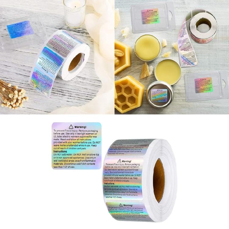 Silver Labels 1.5x1.8Inch Self-Adhesive Holography Wax Melting Warning Sticker Roll Waterproof Decal for Wax Package