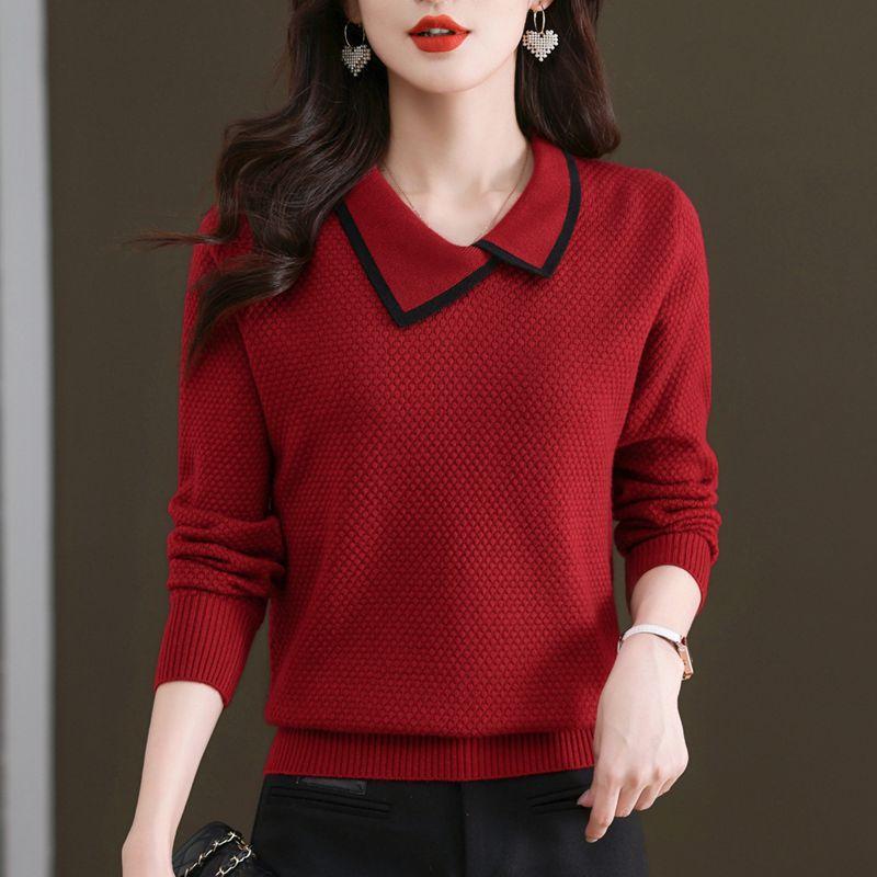 Autumn new simple lapel design knitted sweater casual commuting lazy mother top women