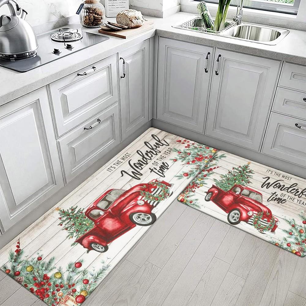 Christmas Tree Kitchen Rugs Farmhouse Red Plaid Kitchen Floor Mat Non Slip Floor Mats for Kitchen Rug Winter Christmas Decor Mat