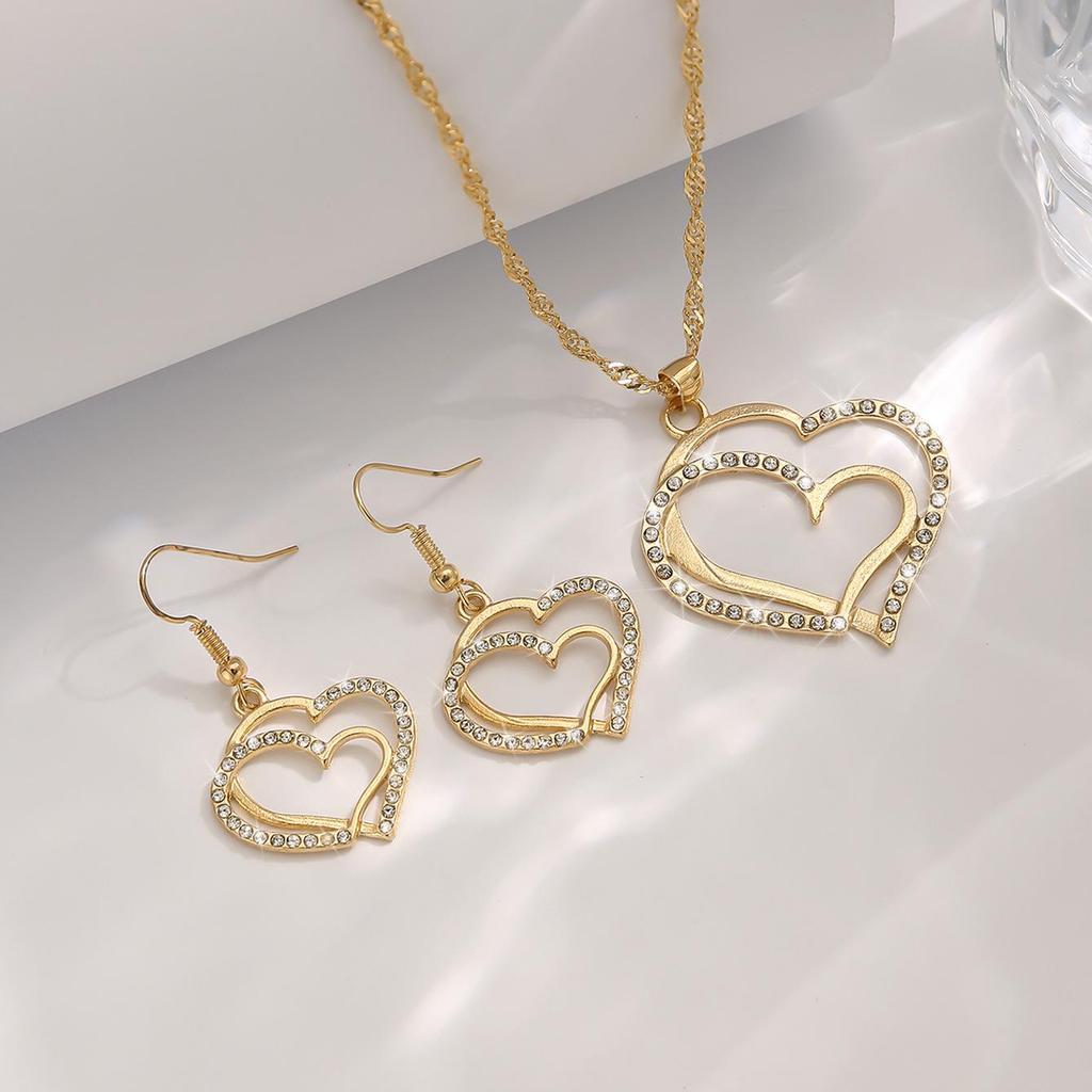 European and American Double Heart Peach Earrings & Necklace Wedding Jewelry Set