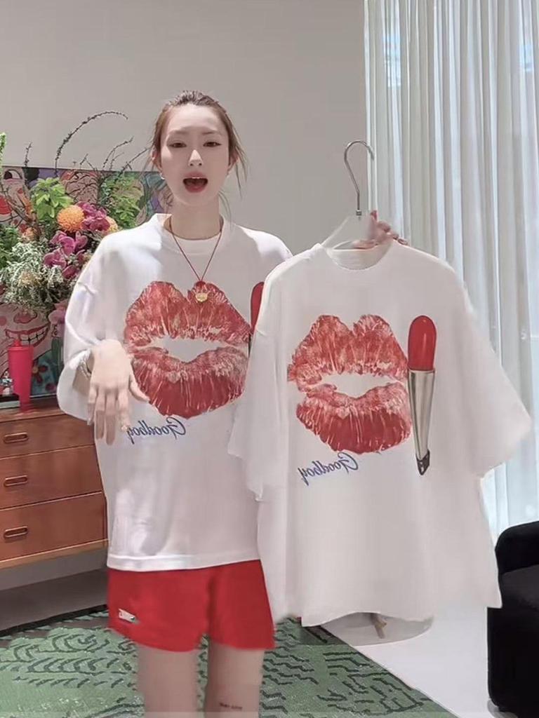 Nanyou 2026 Spring Lipstick Print Round Neck Loose Short Sleeve Women's T-shirt