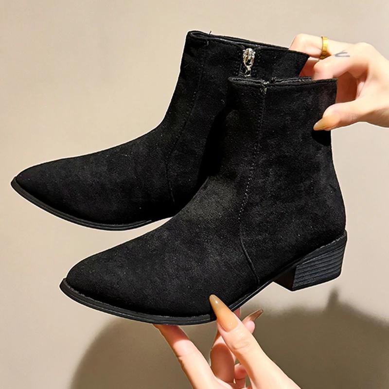 

Замшевые зимние женские ботильоны с толстым острым носком, сексуальная обувь, женские трендовые зимние ботинки «Челси» в готическом стиле, модные ботинки на молнии 41