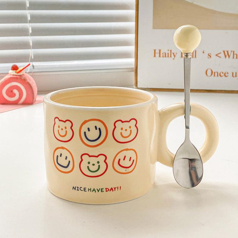 Bear Mug Girl with High Looking Ceramic Cup with Spoon Office Cute Coffee Milk Breakfast Cup