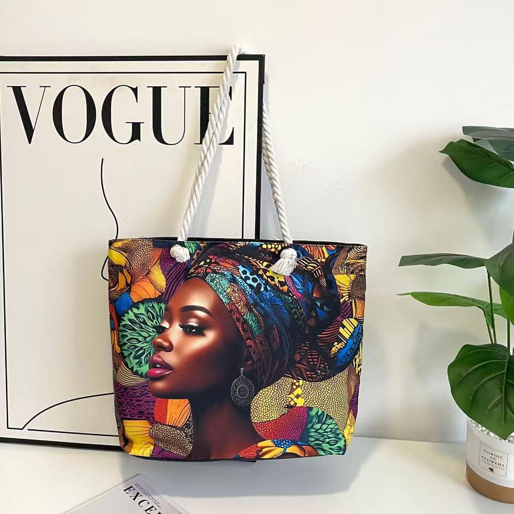 Versatile Women's Large Capacity Foldable Tote Bag with Zipper - Cross-Border Fashion, Printed Single-Shoulder, Perfect for Shopping or Beach.