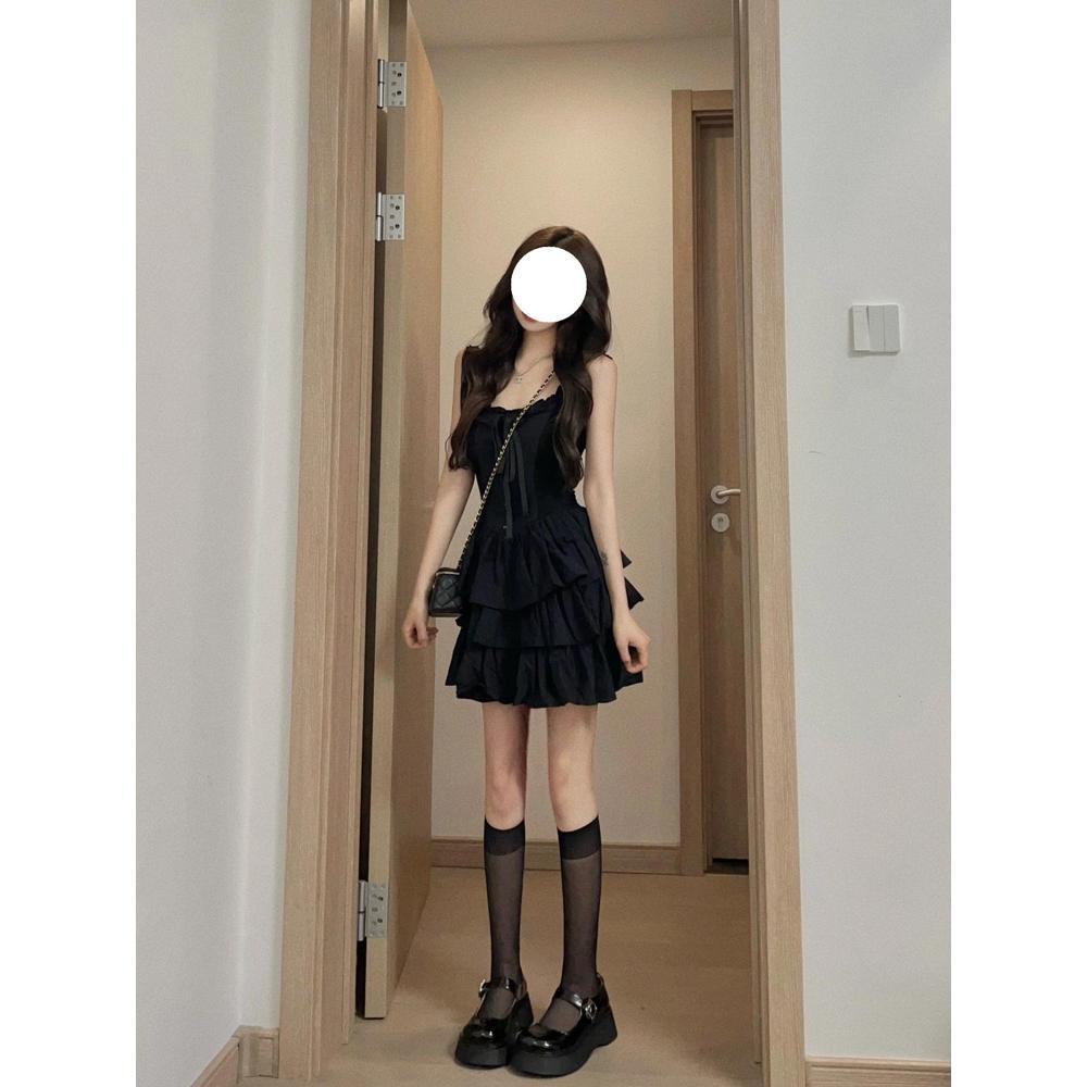 Sweet Black Suspender Dress Summer New Small Princess Short Dress Women Retro Waist Thin Fashion