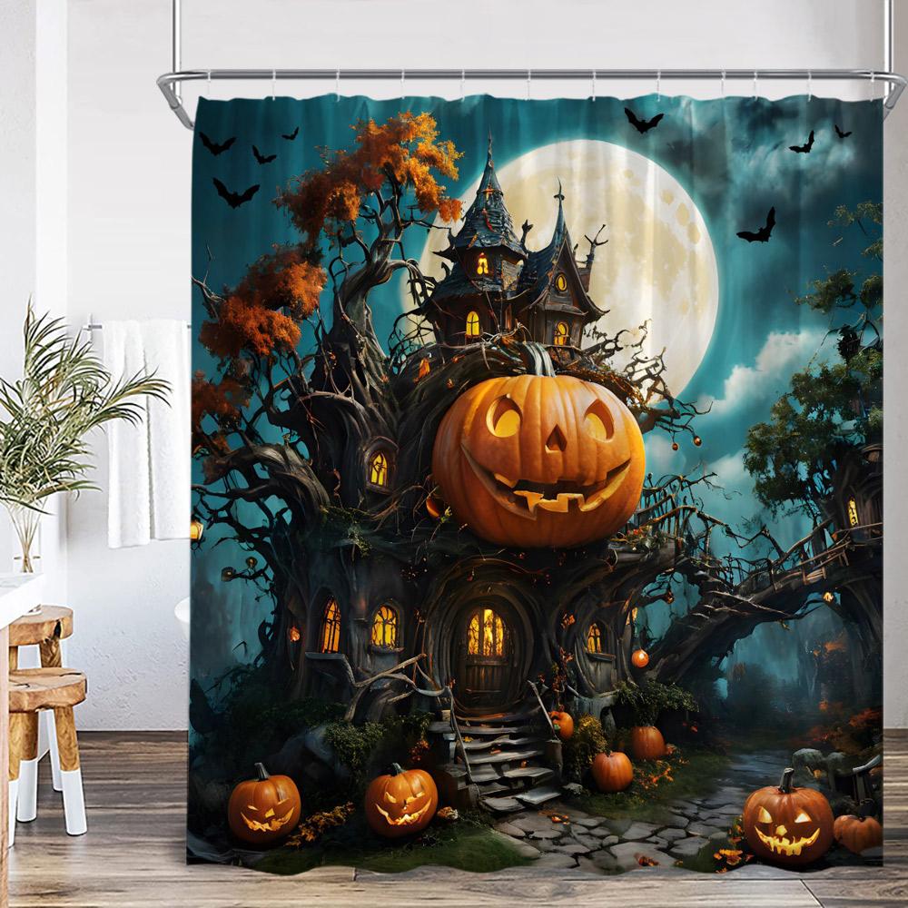 Haunted House Halloween Shower Curtain Full Moon Night Graveyard Pumpkin Lantern Gothic Castle Bathroom Decor Retro Bath Curtain