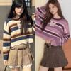 Women's Retro Color Block Striped Butterfly Knit Sweater, Round Neck, Short & Loose Fit for Spring/Autumn.