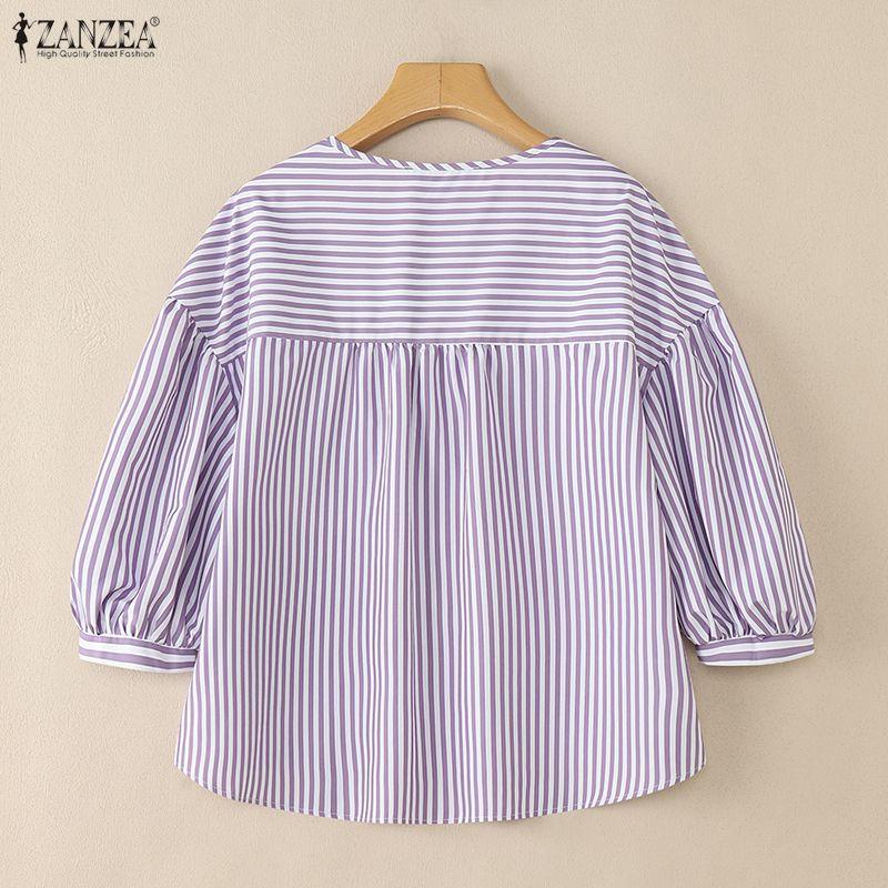 ZANZEA Women Casual Round Neck Loose Long Sleeve Stripe Blouse