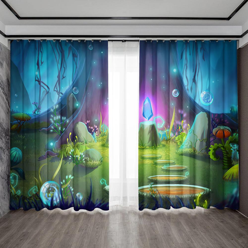 2PC Home Decoration Curtains With Cartoon Mushroom Scenes And Rod Pocket Curtains, Suitable for Kitchens, Cafes, Living Rooms