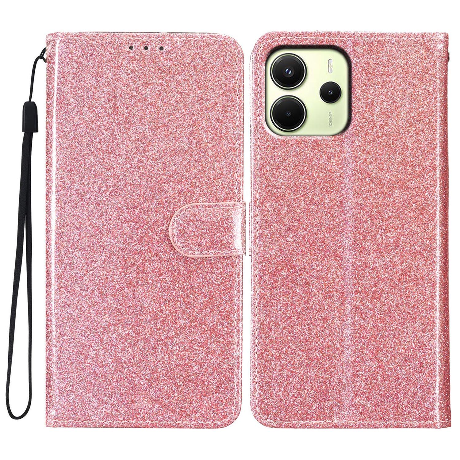 

For Xiaomi Redmi Note 14 4G (163.25mm) Wallet Case Glitter Anti-Scratch Leather Phone Cover Stand Rose Gold