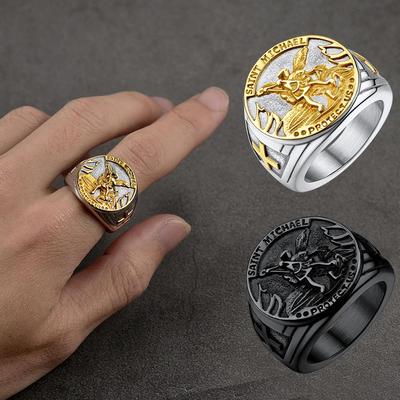 Round Signet Rings for Men Woman Catholic Archangel Saint Michael Amulet Black & Gold Color Stainless Steel Jewelry Gift Ring