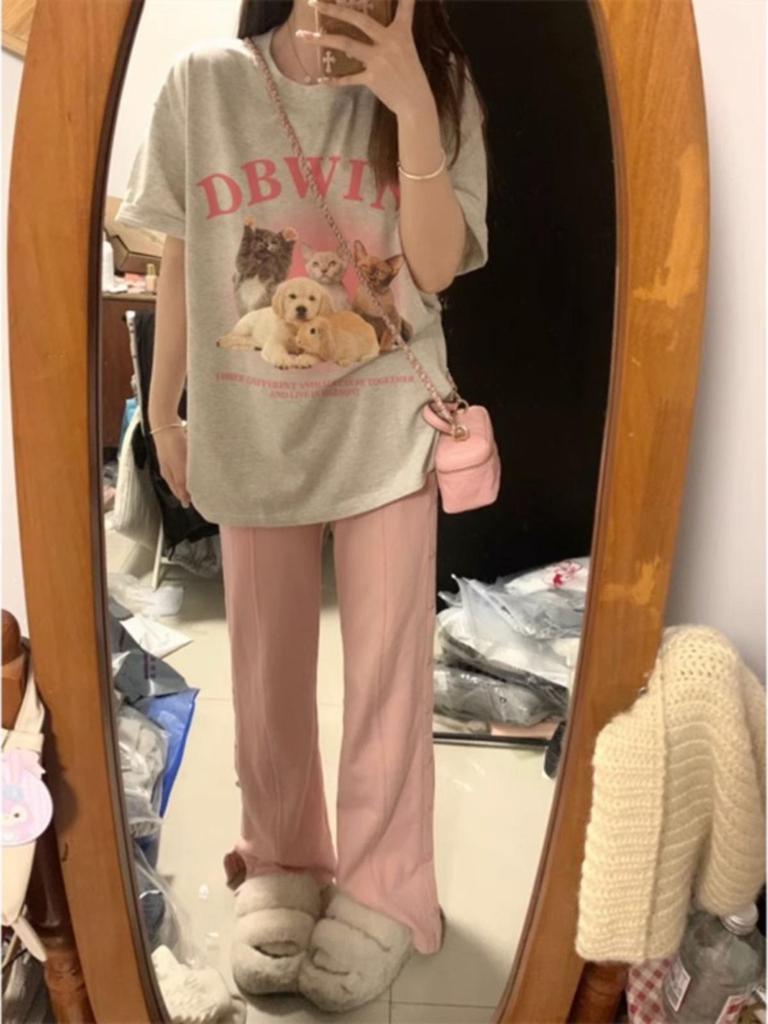 Women's Oversized Gray Casual T-Shirt - Short-Sleeve Retro Hong Kong Style for Summer