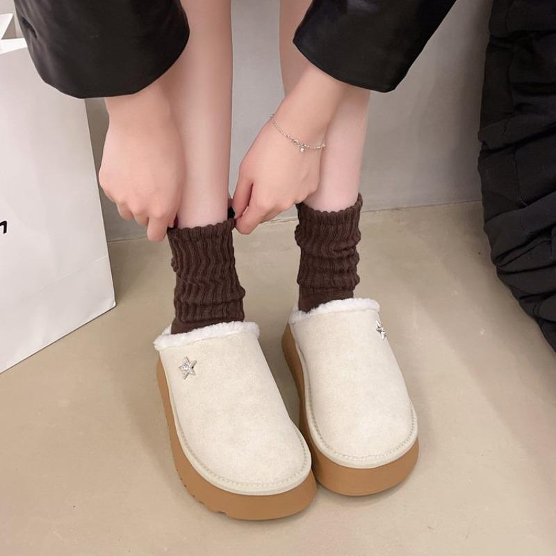 Fashion Women's Fashion Baotou Slippers Winter New Round Head Suede Deep Mouth Thick Sole Anti-slip Wear-resistant Flat Cotton Shoes