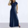 Maxi abito in denim stile europeo americano, casual, con colletto a camicia, gonna svasata con tasche a fessura