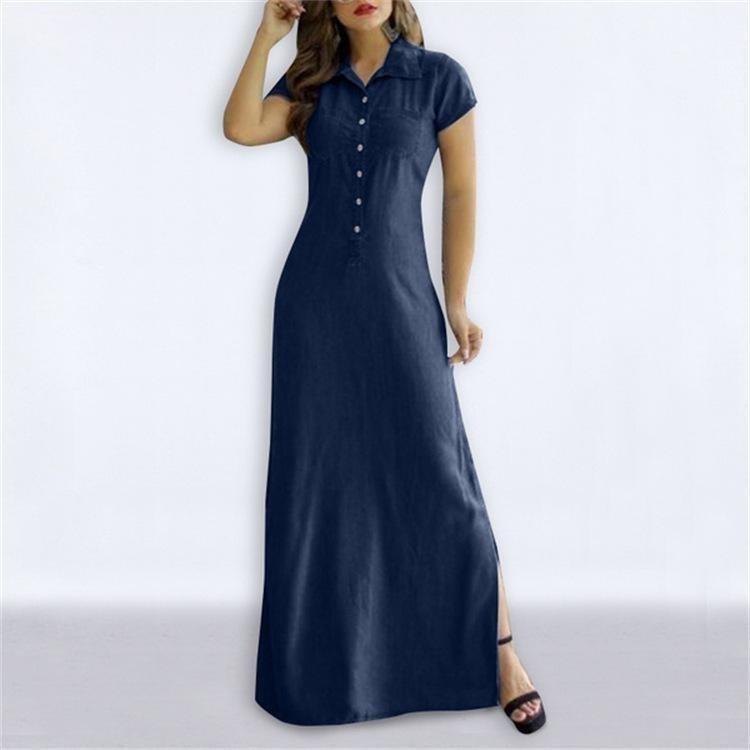 Maxi abito in denim stile europeo americano, casual, con colletto a camicia, gonna svasata con tasche a fessura