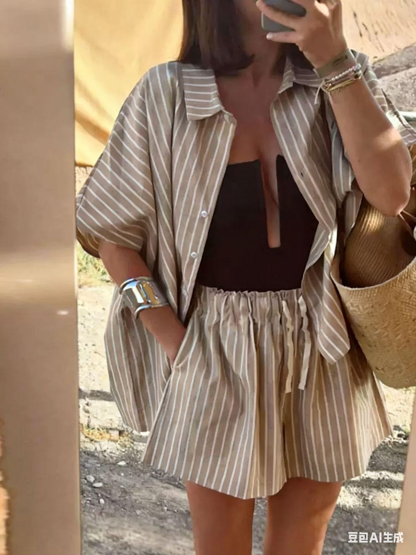 

Striped Short Sleeve Shirt and High Waist Drawstring Shorts Set XL світлого кольору хакі
