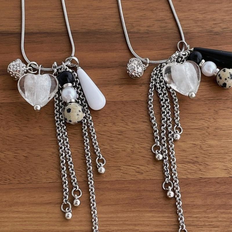 Adjustable Heart Pendant Necklace With Simulated Pearls Tassels Drop For Women French Colored Glaze Agate Stone Jewelry