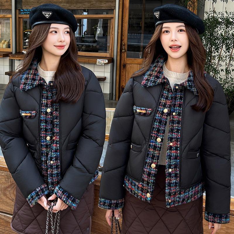 Small short spliced cotton-padded jacket for women's winter thin color knitted lapel padded jacket