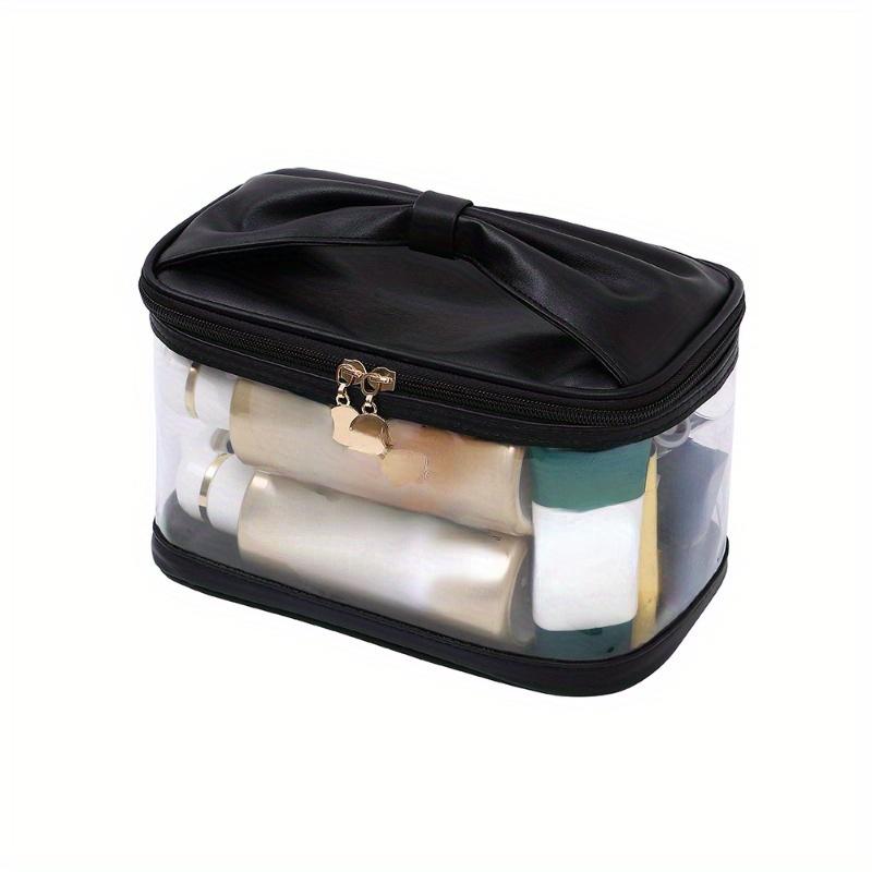 1Pc Women Girls Portable Makeup Bag with Bowknot Design, Clear Window Large Capacity Travel Cosmetic Storage Organizer