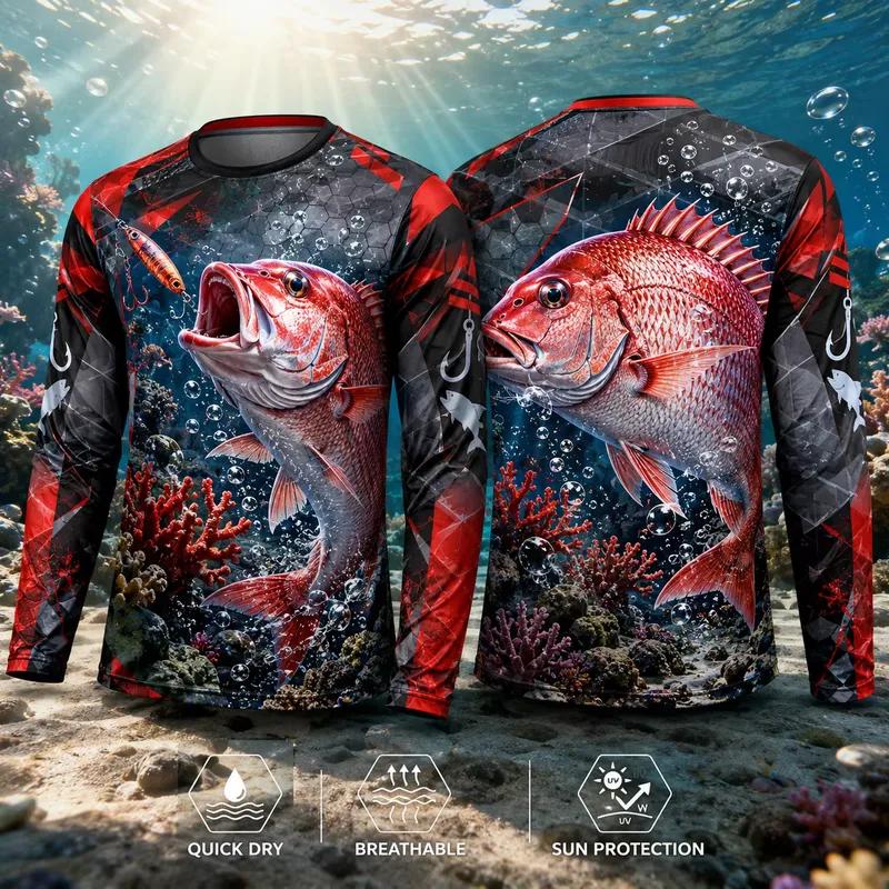 3D Print Casual Long Sleeve Red Snapper Fishing Shirt Men 3D Fish Print Quick Dry UPF 50 UV Protection Jersey Outdoor Angling