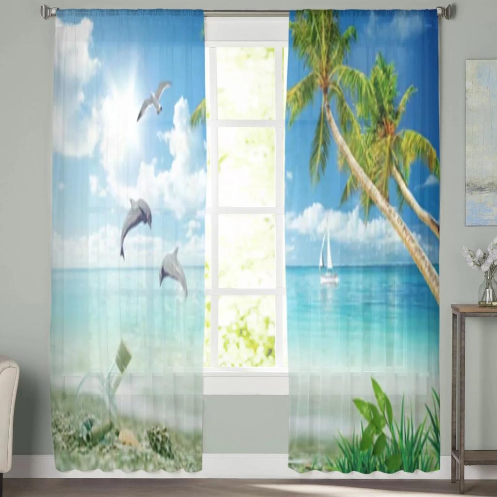 Meer Delphin Palme Sheer Fenster Vorhänge für Wohnzimmer Schlafzimmer Moderne Voile Tüll Vorhänge Stoff Vorhänge für Küche