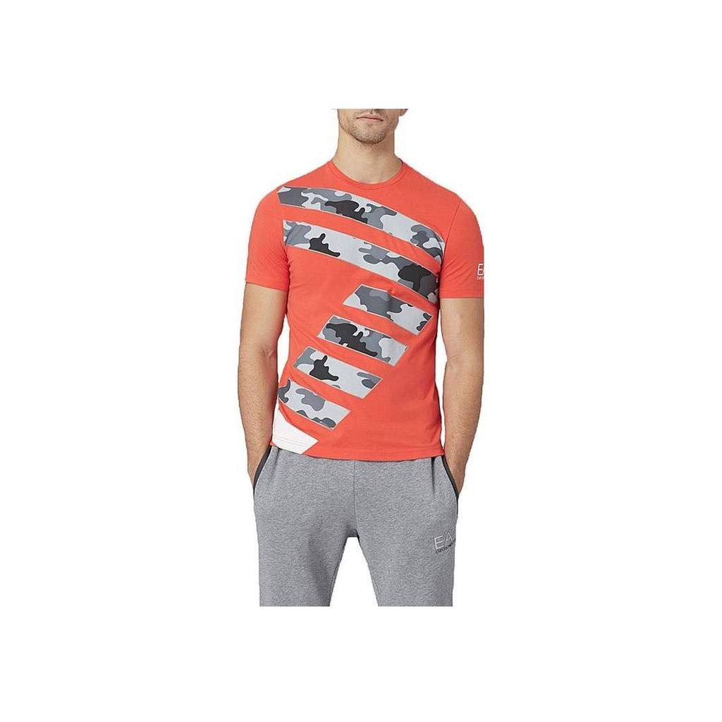 Emporio Armani EA7 Buchstabenprint Camouflage Colorblock Rundhals Kurzarm T-Shirt Herren Oberteile Orange 3GPT25-PJP6Z-1683