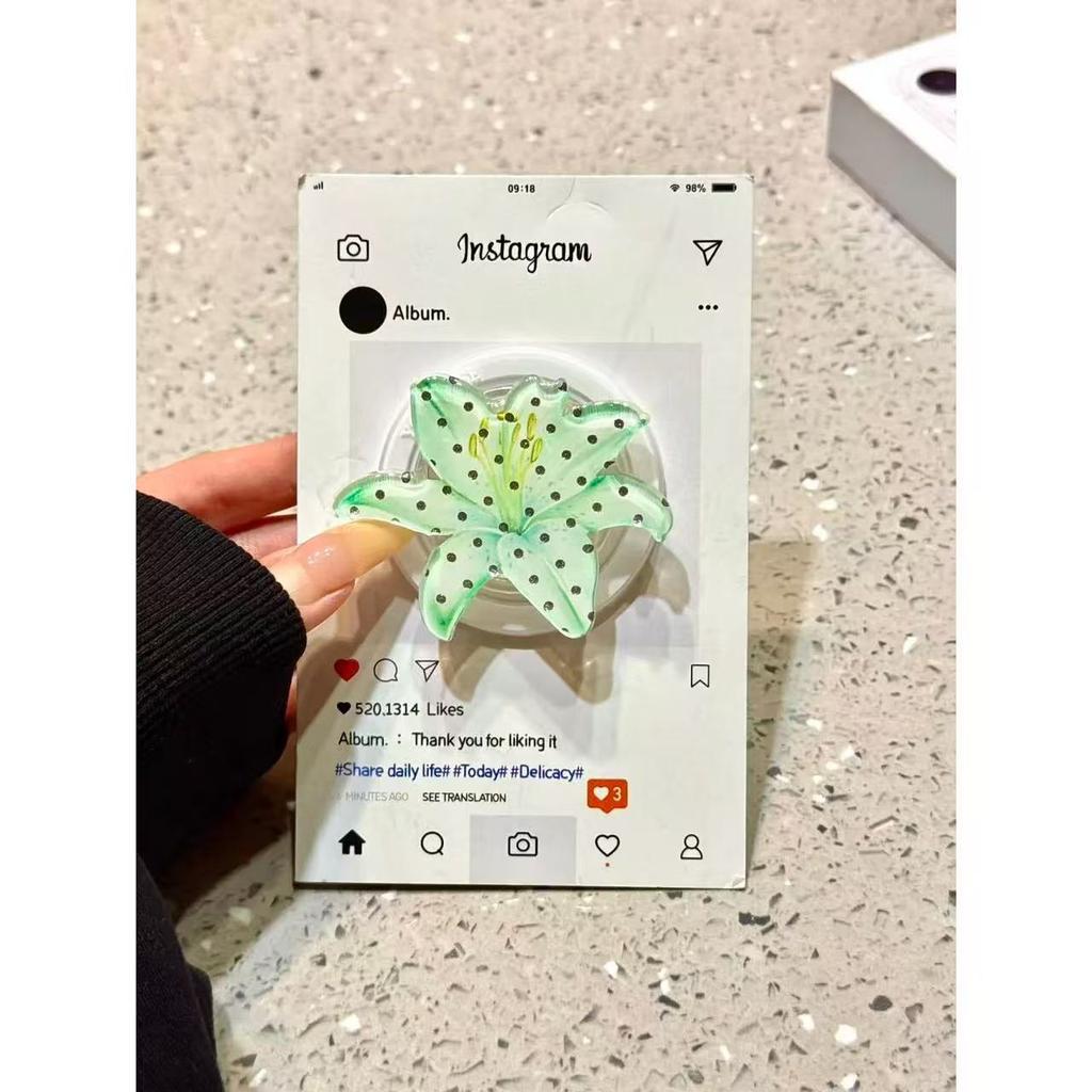 Polka Dot Green Lily Magnetic Suction Bracket Is Suitable for Apple 17promax Mobile Phone Case 16iphone15 Anti-drop Case Female Case.