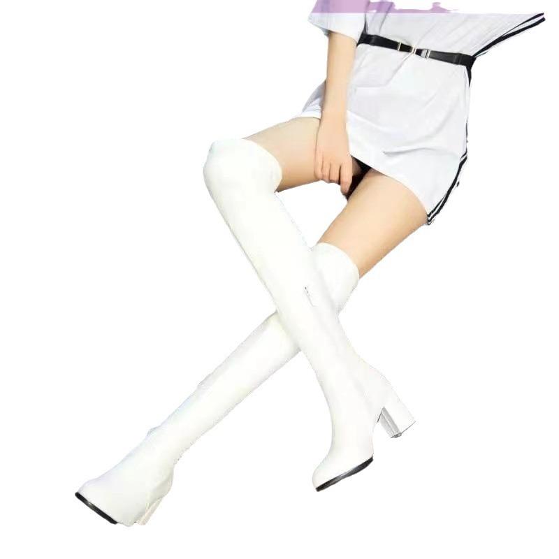 Large Size New Round Head Thick Heel High Elastic Boots White Knee Boots Long Boots Women's Medium High Heel Bag