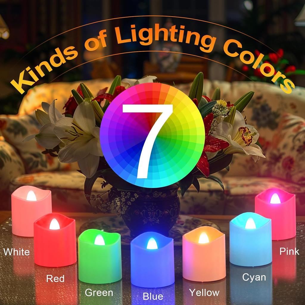 PChero Flameless Candles with Remote Timer & Charging Station, 12 Pack USB Rechargeable RGB LED Tea Lights Colored Color Changing Battery Votive