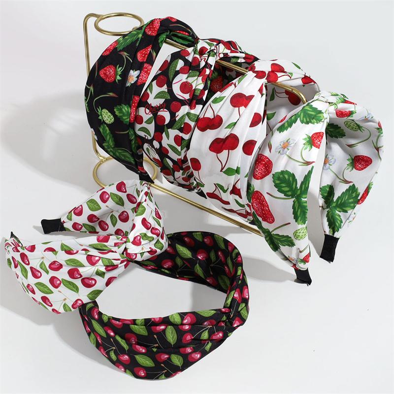 Beautiful Cherry Strawberry Print Hairbands with Center Cross Knot for Women's And Girls Casual Shopping Hair Hoop Accessory