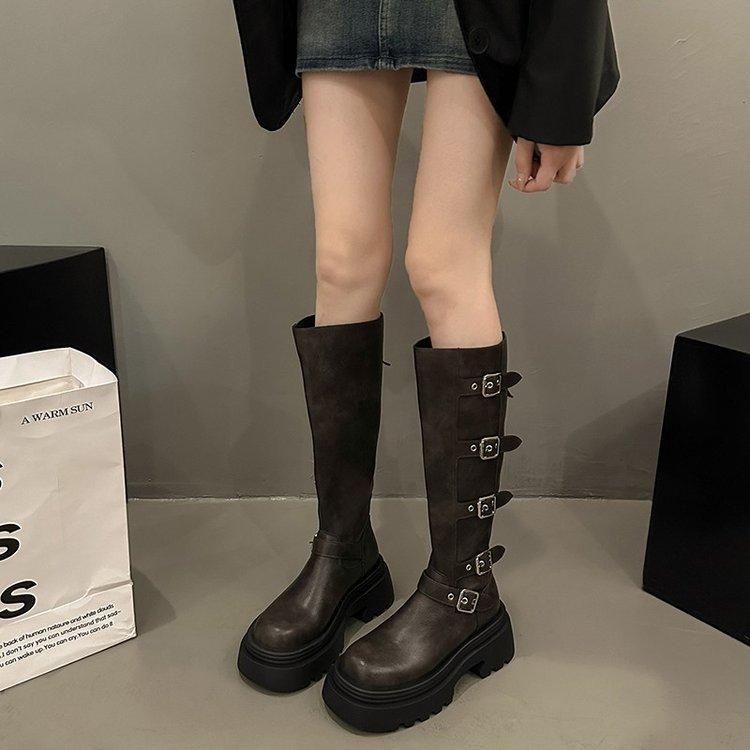 Martin boots women's shoes metal belt buckle thick-soled muffin but knee boots locomotive boots thin boots small long boots