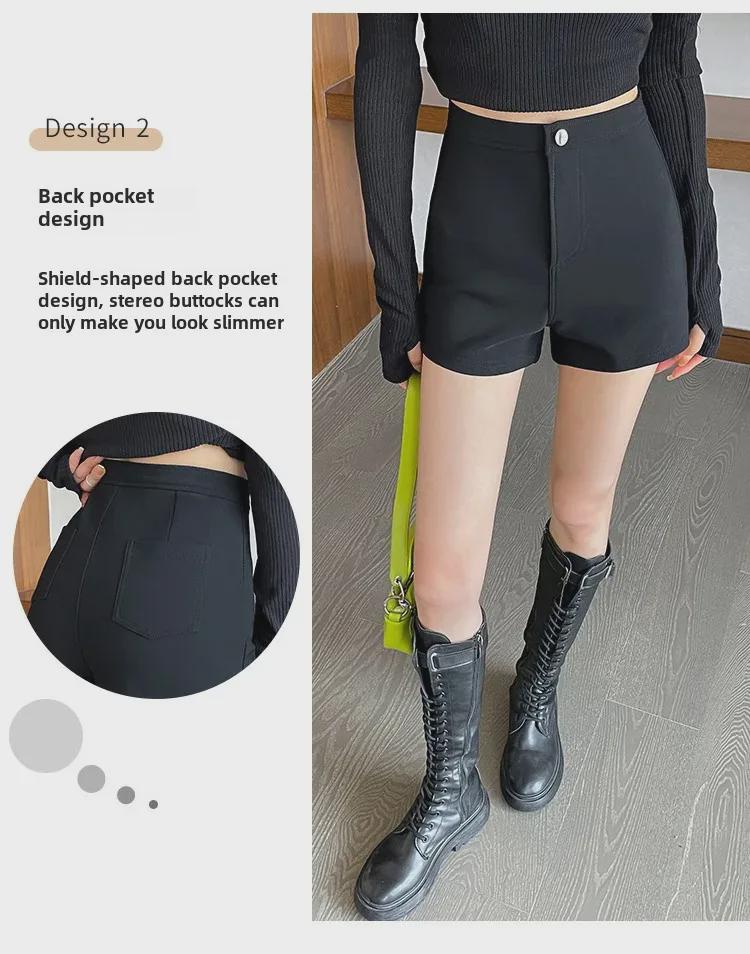 2023 Winter Velvet High Waist Black Slim Shorts - Women's Trendy All-Match Boots Outerwear.