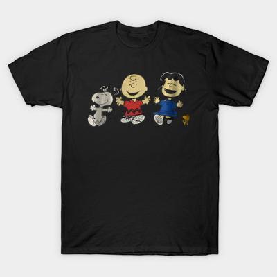 Men Black Print T-shirt Vintage 90S Snoopy Charley Brown And Friends Peanu No-Cut Transfer Paper Print Cotton Tshirt
