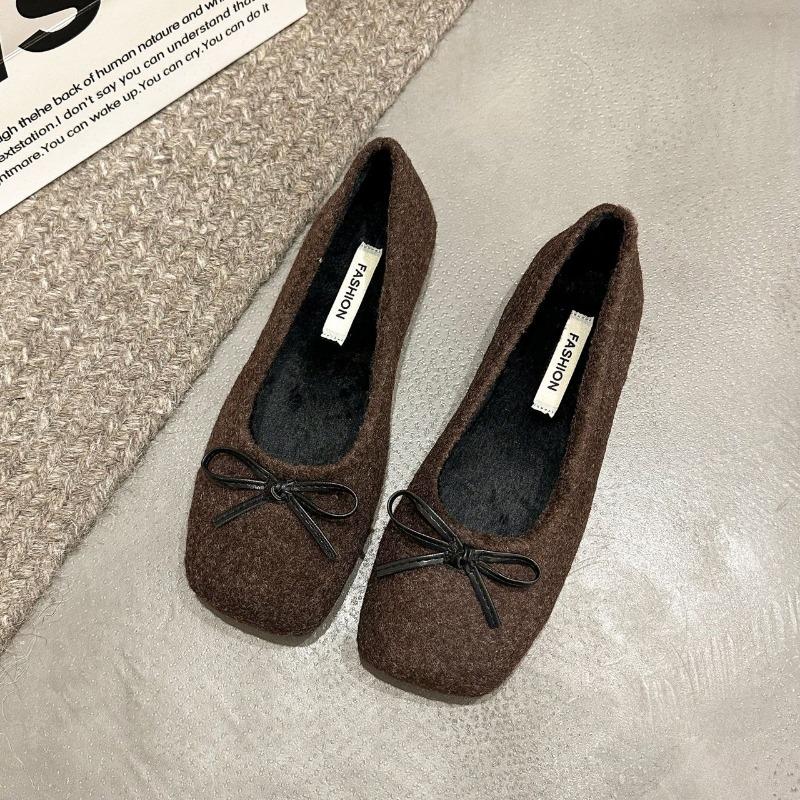 Flat Bottom Square Head Bow Doudou Single Shoes Women's Shoes New Early Spring Winter Gentle Evening Ladyshoes