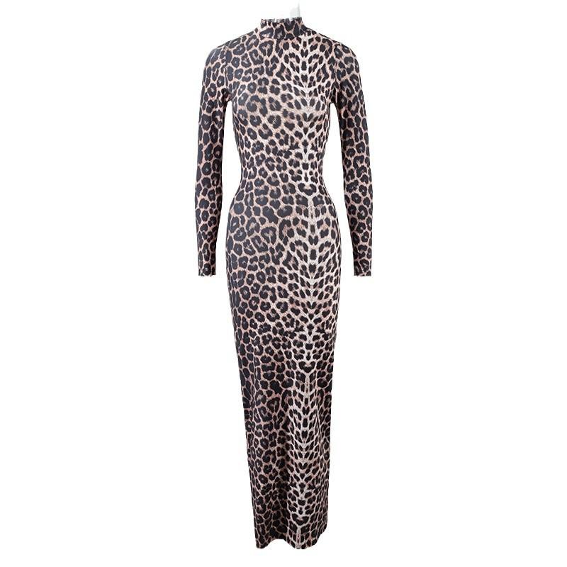 European and American autumn fashion leopard print stand-up collar long-sleeved slim-fitting long dress manufacturer straight hair