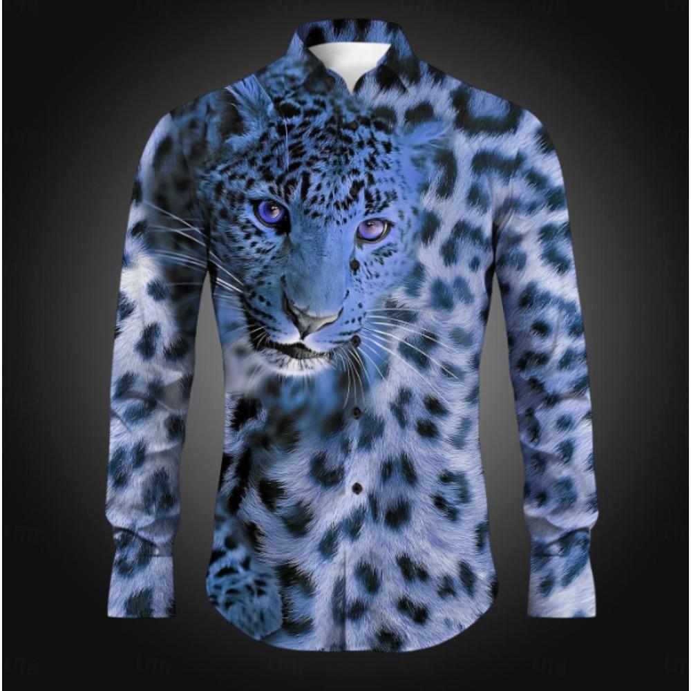 Erkek Leopar Desenli Uzun Kollu Gömlekler Günlük Hırka Yeni Düğmeli Tatil Moda Gömlekler