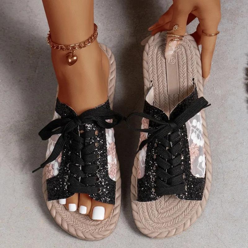 Women's Shoes 2024 High Quality Elastic Band Women's Sandals Fashion Bling Casual Slippers Women New Peep Toe Flat Slippers
