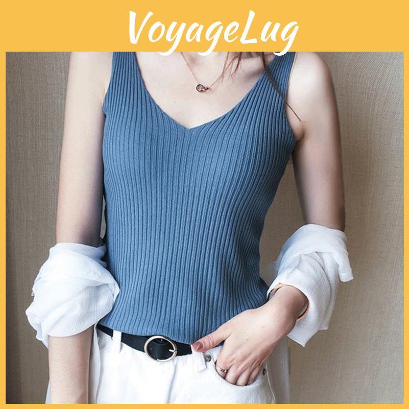 Knitted Silk Suspenders Summer Ice Plus Size Womens Bottoming Vest Solid Color Versatile Sleeveless Top V Neck Camis