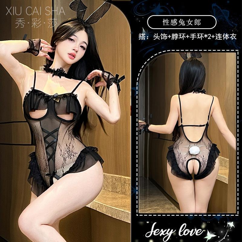 Sex lingerie sexy breasts cute playful bunny uniform temptation open lace onesie hair