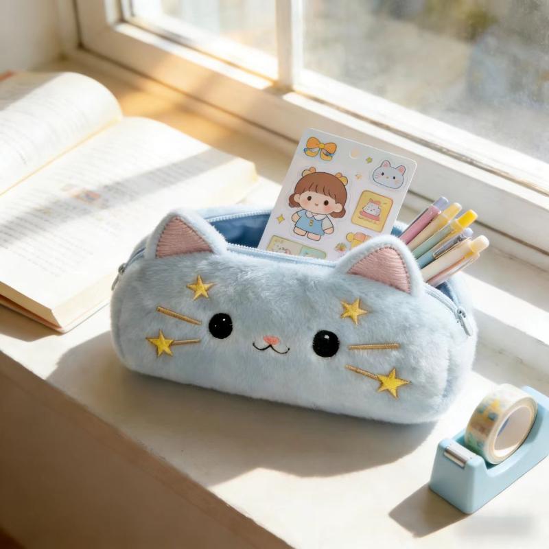 New Cartoon Plush Star Cat Pencil Case Multi-layer Large Capacity Stationery Storage Bag Student Pencil Case Stationery