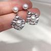 Pearl Stud Earrings - Natural Freshwater, Geometric Diamond Design, Elegant Retro Style Jewelry
