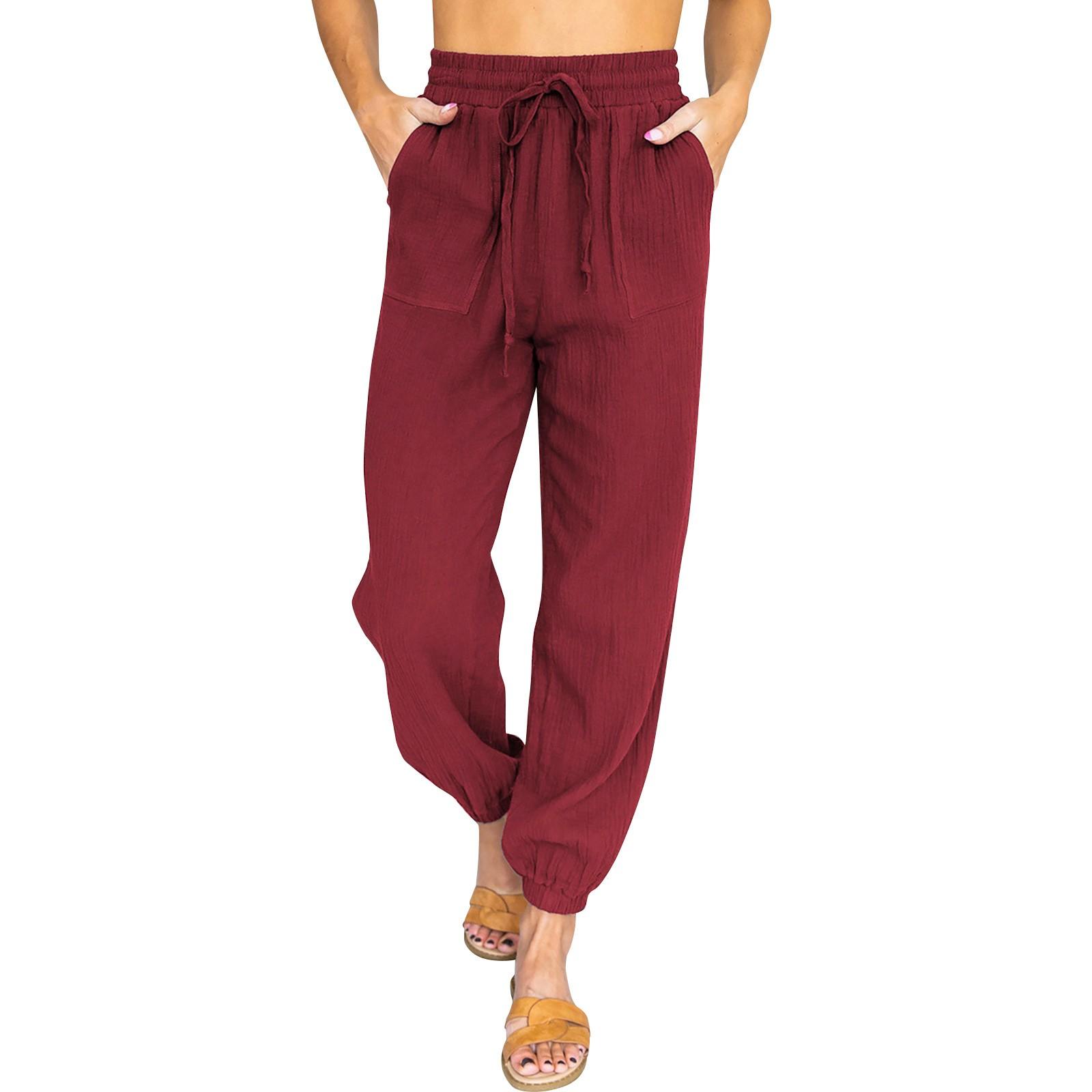 

Новые однотонные повседневные брюки, женские леггинсы с высокой талией и завязками на девять точек S винный