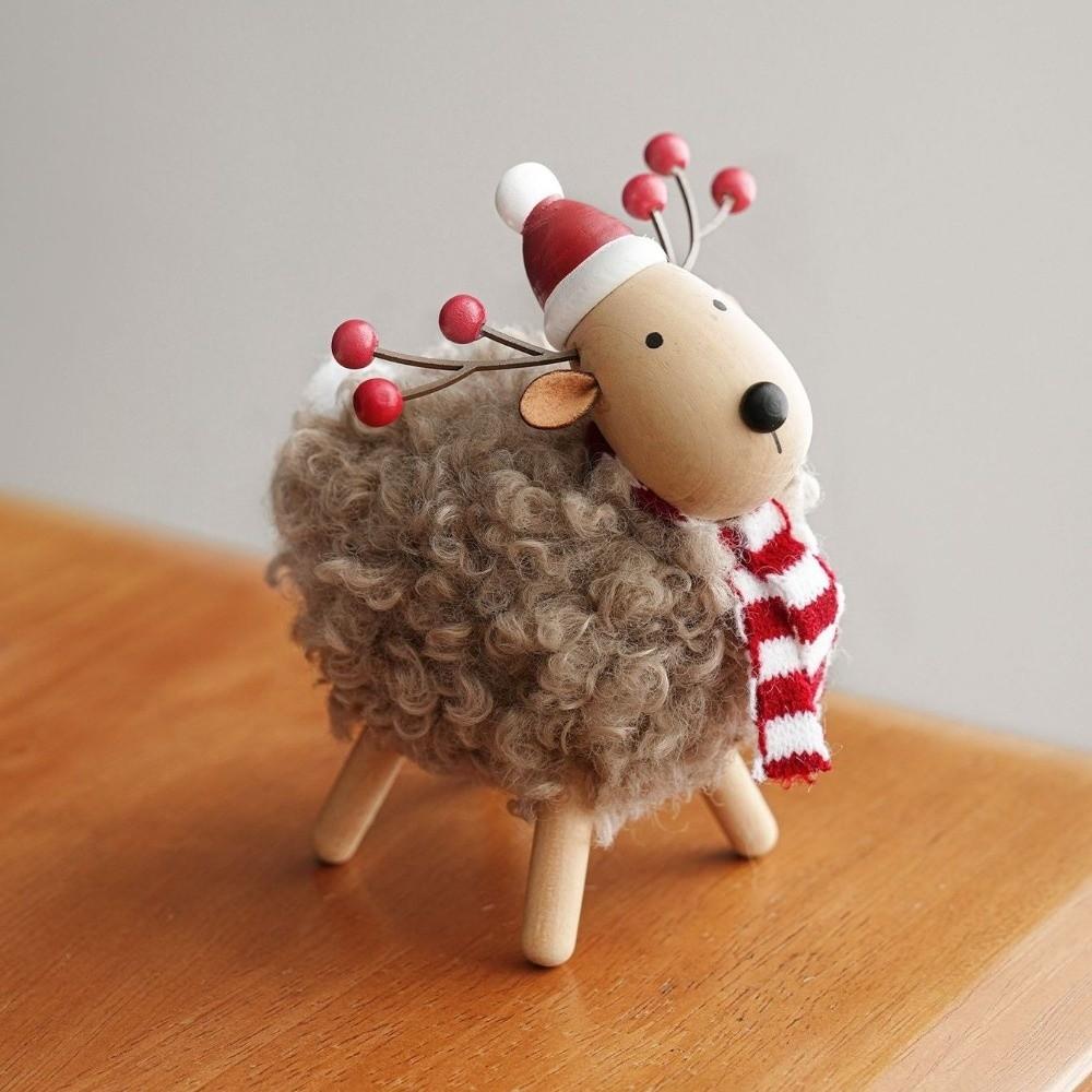 Plush Body Xmas Figurine Wood Head Festive Decor New Table Statue Shelf Decor