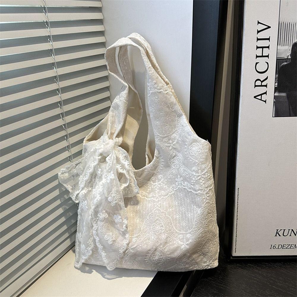 With Ribbon Simple Canvas Handbag Korean Style Large Capacity Bag Lace Shoulder Bag  School