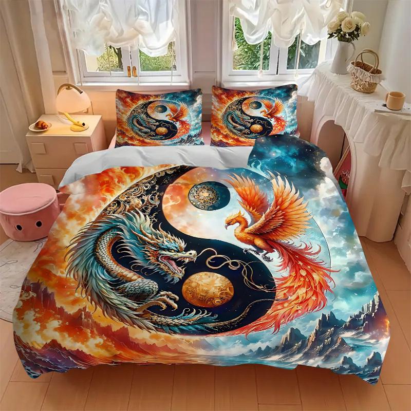 3pcs Dragon and Phoenix In Cosmic Balance Quilt Set Cartoon Themed Bed Quilt Set Lovely Character Bedroom Decor Bed Quilt Set Four Seasons (1 Cov