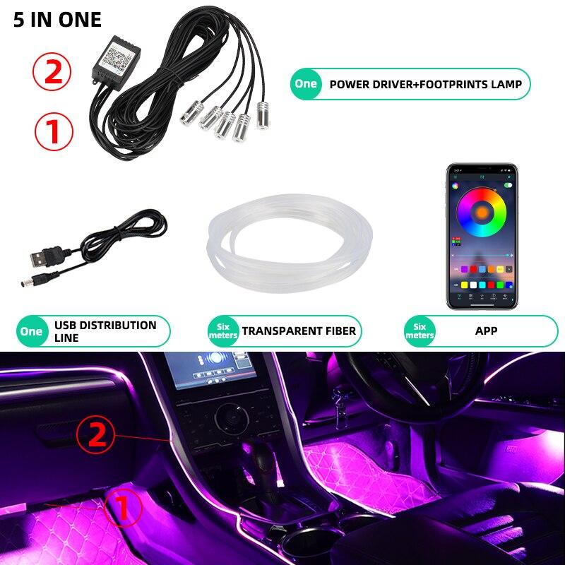 

6 в 1 Автомобильные светодиодные фонари для создания атмосферы в салоне Оптоволоконный APP Управление музыкой RGB Подсветка салона Автомобильная декоративная неоновая лампа